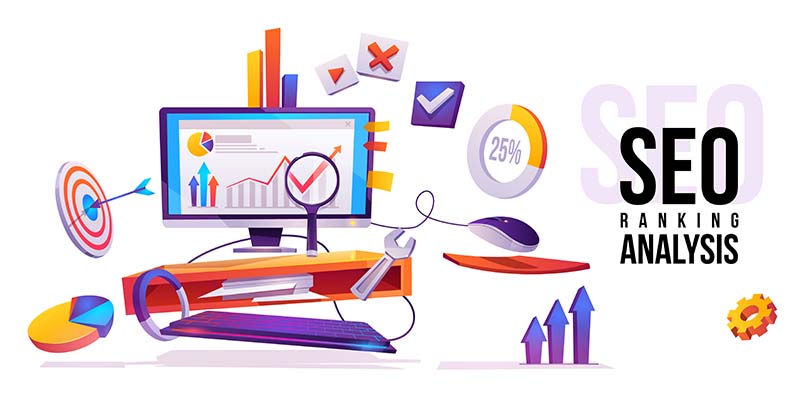 Visual representation of SEO factors like responsive design, page speed, and schema markup in website development